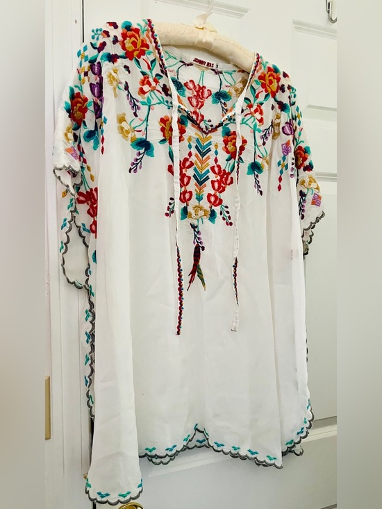 Johnny Was Tops - Johnny Was White Embroidered Boho Tunic Coverup with Multicolor Floral Details